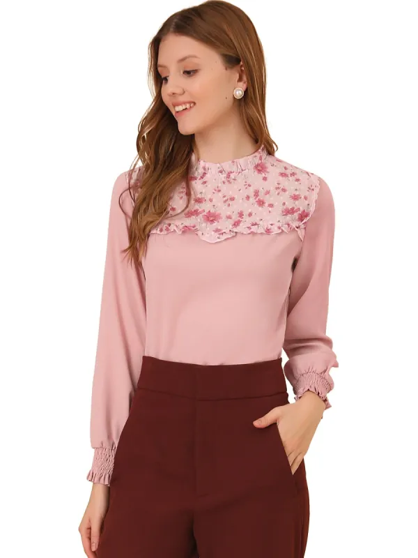 Women's Ruffle Neck Long Sleeve Work Floral Print Panel Blouse sold by Allegra K
