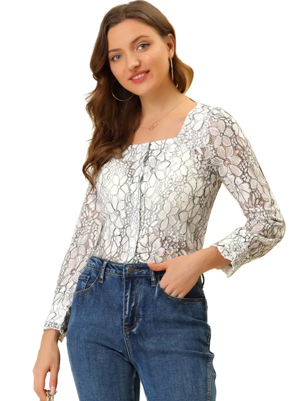 Women's Lace Floral Blouse Square Neck Long Sleeve Button Down Top sold by Allegra K