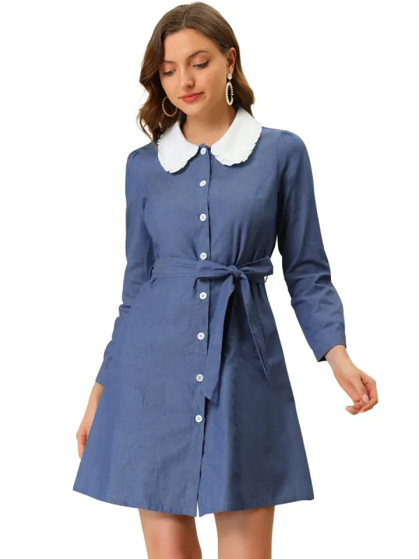 Women's Contrast Peter Pan Collar Belted Button Down Long Sleeve Chambray Shirt Dress sold by Allegra K