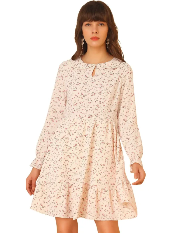 Women's Ditsy Floral Peter Pan Collar Keyhole Long Sleeve Ruffle Chiffon Dress sold by Allegra K
