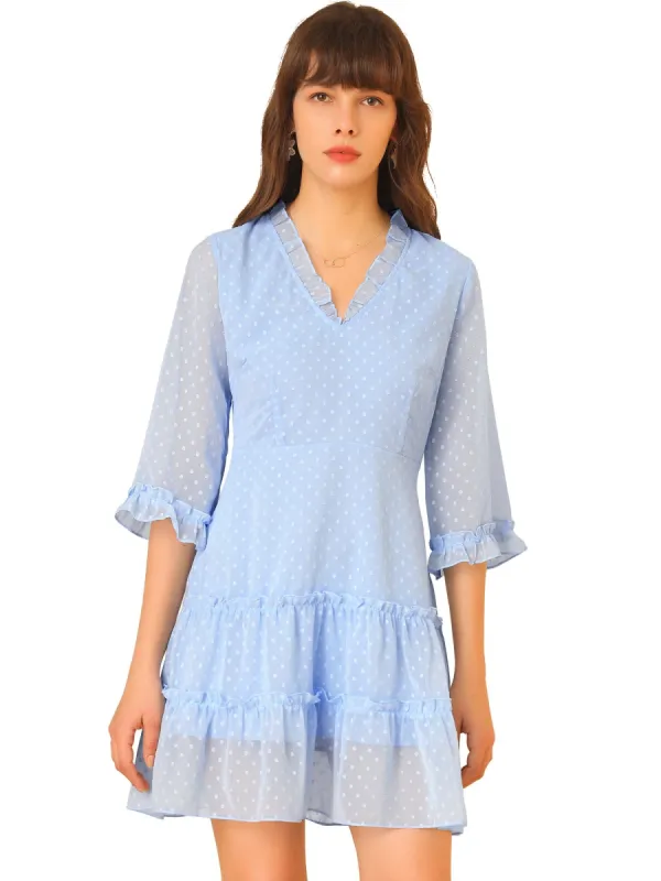 Women's Swiss Dots Ruffle V Neck 3/4 Sleeve Tiered Flowy Chiffon Dress sold by Allegra K
