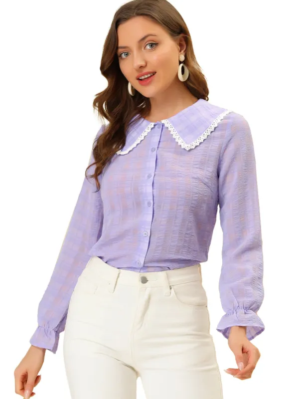 Women's Peter Pan Collar Crochet Trim Sweet Ruffled Cuffs Plain Plaid Blouse Top sold by Allegra K