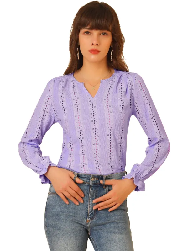Women's Lace V Neck Ruffle Long Sleeve Pleated Hollow Out Knit Blouse Top sold by Allegra K