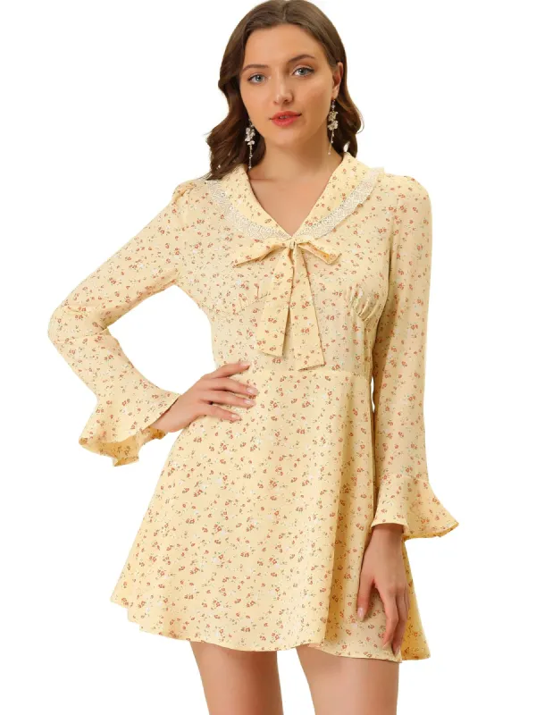 Women's Floral Print Tie Doll Collar Ruffle Flare A-Line Dresses sold by Allegra K
