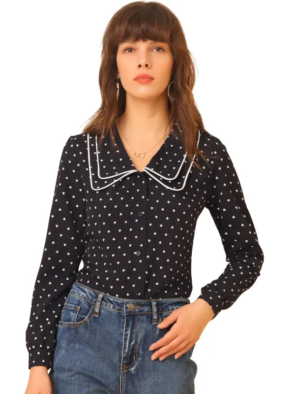 Women's Vintage Peter Pan Collar Heart Print Long Sleeve Blouse Top sold by Allegra K