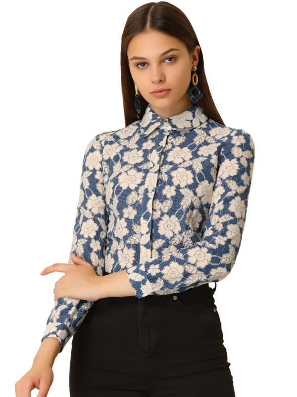 Women's Lace Floral Semi Sheer Work Button Down Collar Shirt sold by Allegra K