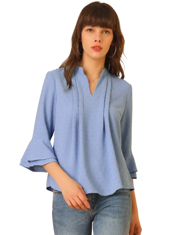 Women's Ruffle 3/4 Bell Sleeve Top V-Neck Casual Swiss Dots Blouse sold by Allegra K