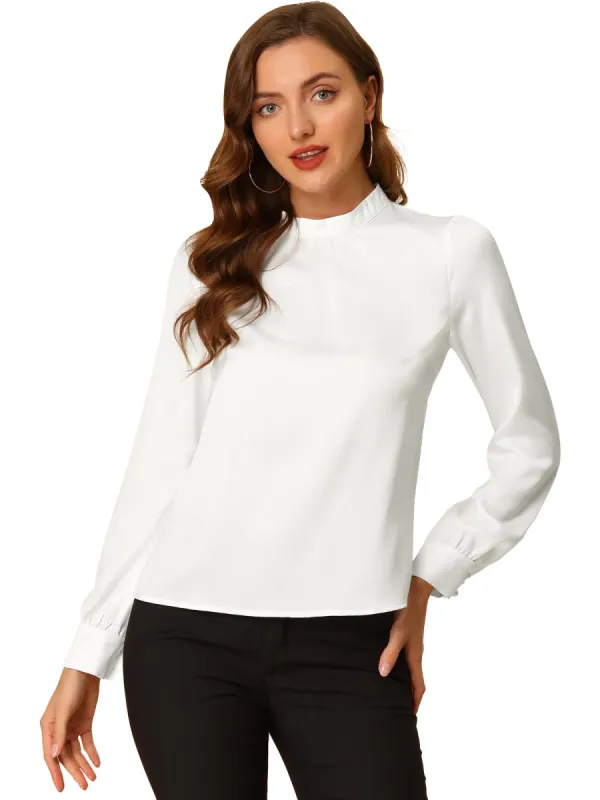 Women's Satin Blouse Puff Sleeve Stand Collar Work Top sold by Allegra K