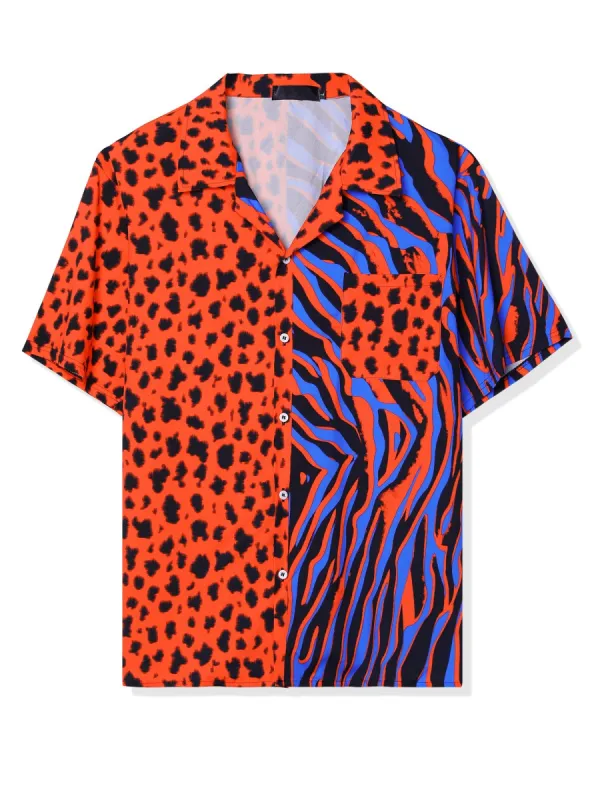 Men's Summer Leopard Print Color Block Short Sleeves Button Down Patchwork Shirts sold by Allegra K