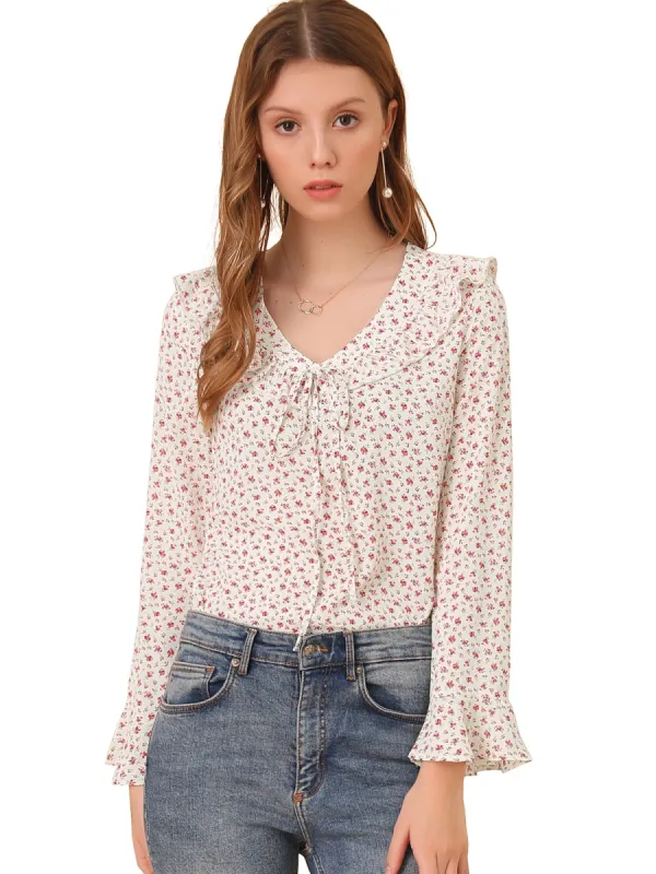 Women's 3/4 Flare Sleeve Floral Ruffle V Neck Chiffon Blouse Top sold by Allegra K