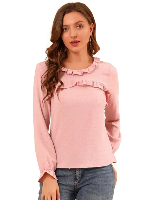 Women's Ruffle Neck Swiss Dots Puff Long Sleeve Blouse Top sold by Allegra K
