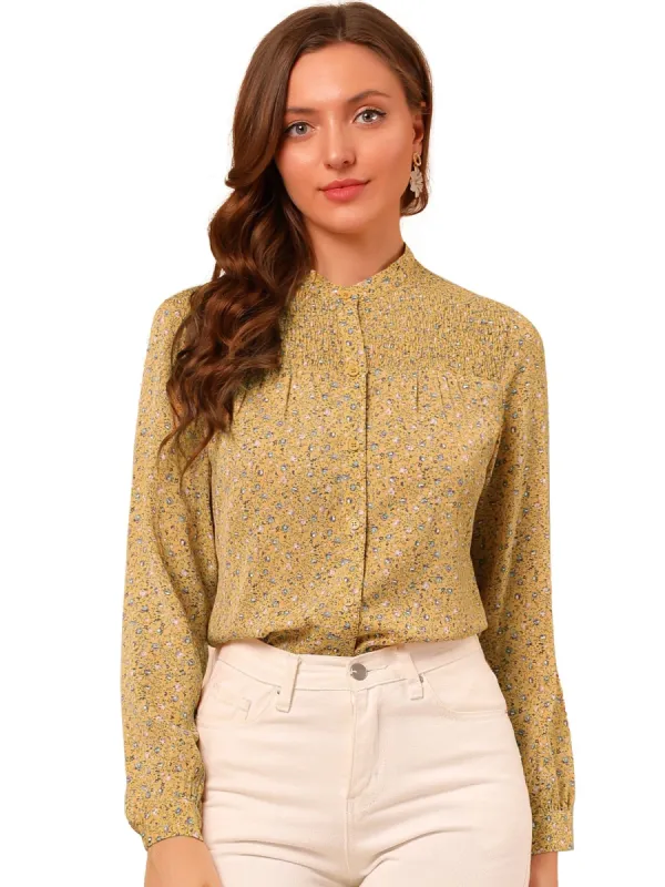 Women's Ditsy Floral Mock Neck Blouse Long Sleeve Smocked Chiffon Peasant Top Shirt sold by Allegra K