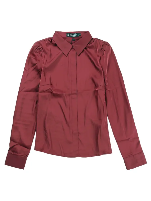 Women's Point Collar Button Up Long Sleeve Satin Office Business Casual Shirt made by Allegra K