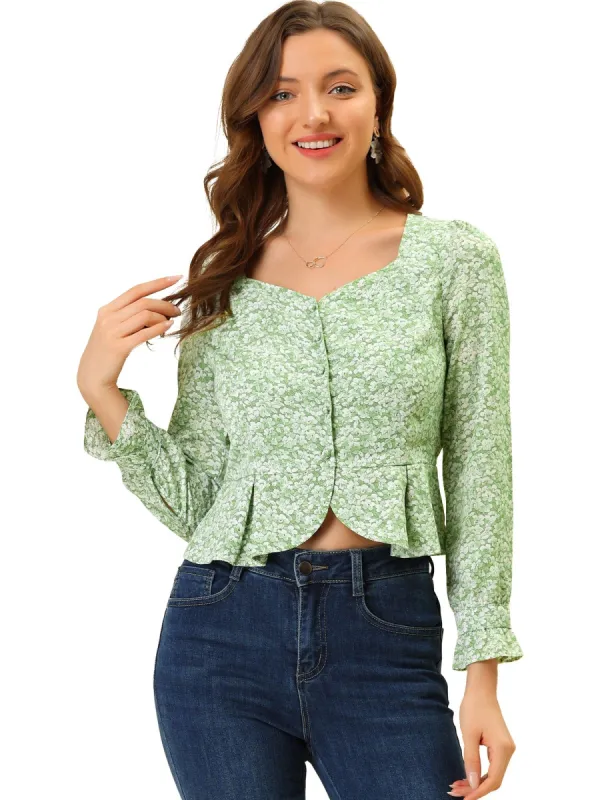 Women's Casual Ditsy Floral Ruffle Long Sleeve Peplum Top sold by Allegra K