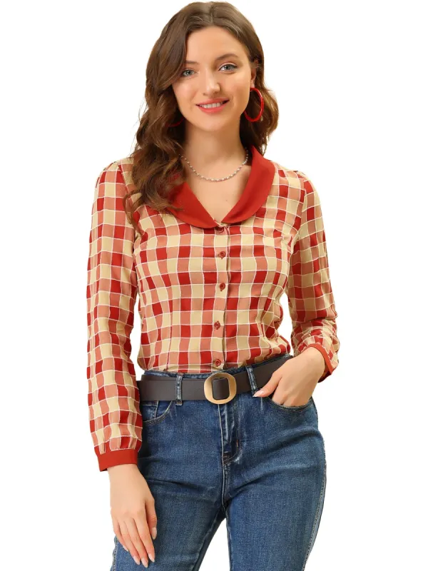 Women's Vintage Plaid Shirt Contrast Collar Button Down Top sold by Allegra K