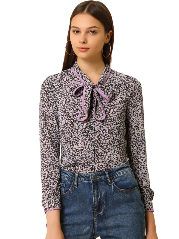 Women's Tie Neck Contrast Trim Long Sleeves Chiffon Floral Print Blouse sold by Allegra K