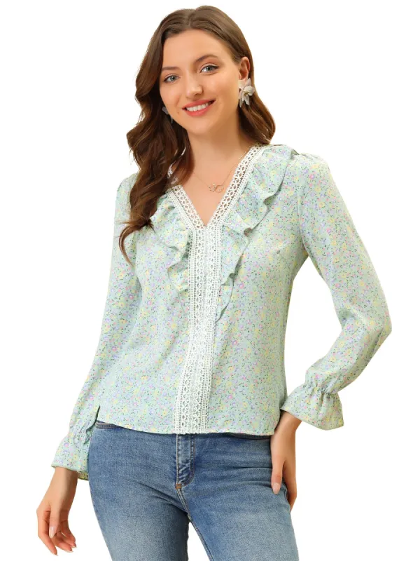 Women's Ruffle Elegant Lace Trim V Neck Chiffon Top Ditsy Floral Blouse sold by Allegra K