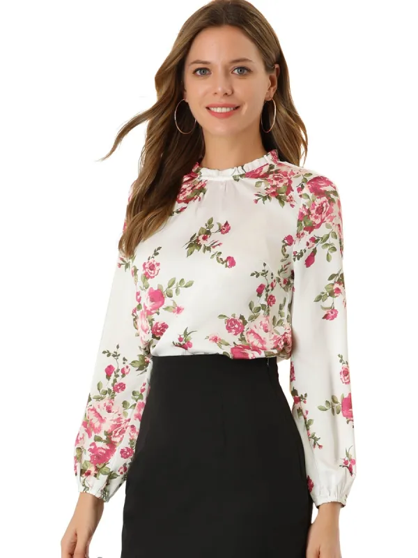 Women's Elegant Top Crew Neck Satin Vintage Long Sleeves Floral Blouse sold by Allegra K