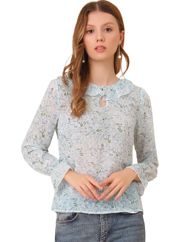 Women's Floral Print Ruffle Collar Keyhole Front Long Sleeve Chiffon Tops sold by Allegra K