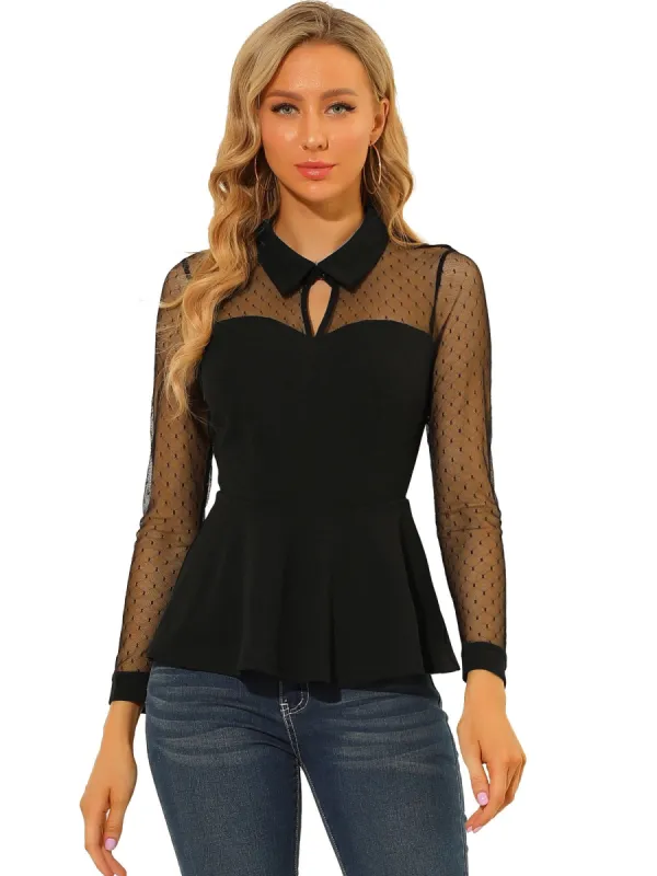 Women's Mesh Sheer Long Sleeve Blouse Turn Down Collar Keyhole Peplum Top sold by Allegra K