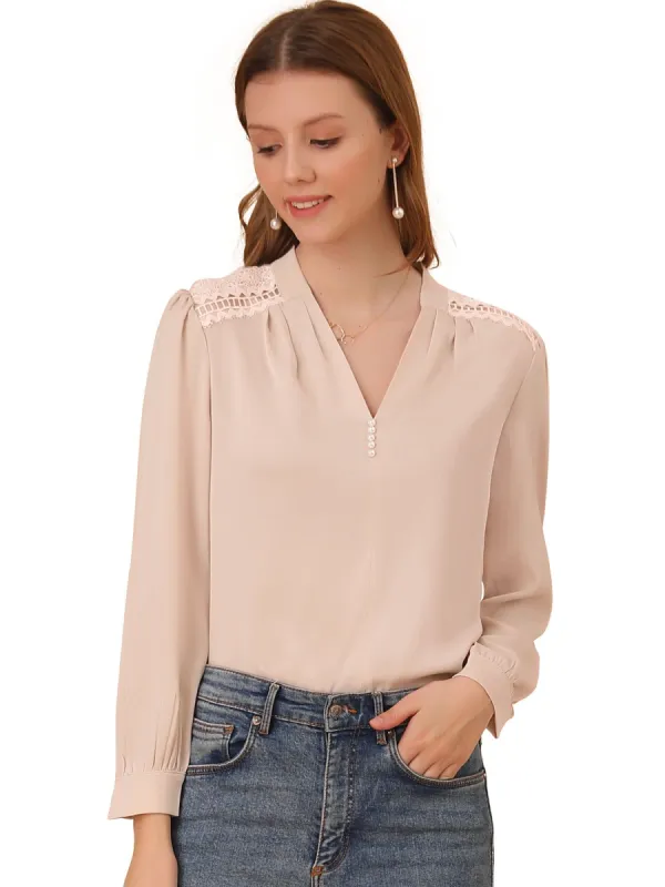 Women's V Neck Lace Trim Ladies Tops Casual Work Office Fashion Long Sleeve Blouses sold by Allegra K