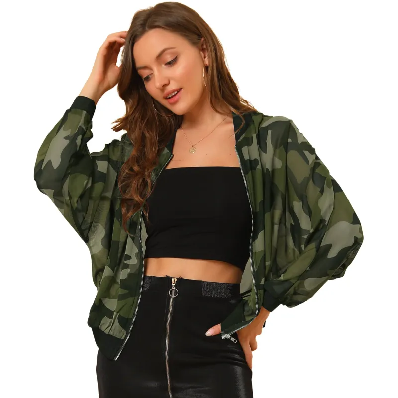 Women's Camouflage Paint Long Sleeve Zipper Elastic Camo Lightweight Jacket sold by Allegra K
