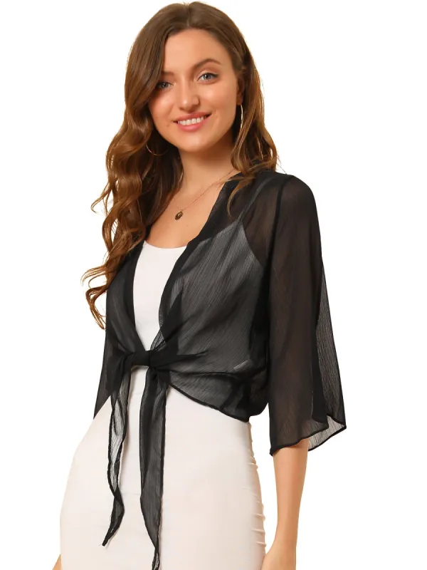 Women's Chiffon Sheer Cardigan 3/4 Sleeve Cropped Tie Front Bolero Shrug sold by Allegra K