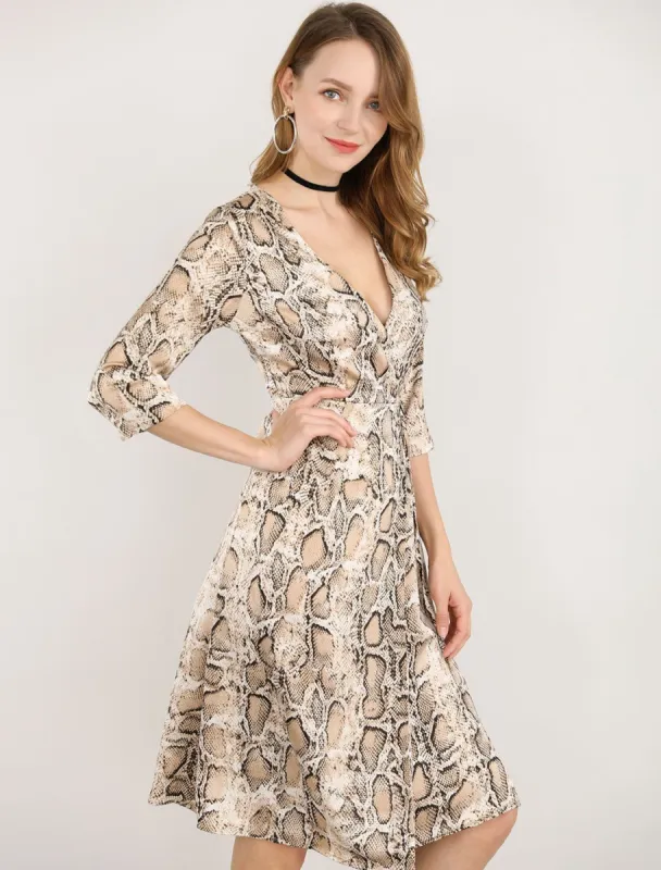 3/4 Sleeve Deep V Neck Tie Front Snake Print Wrap Midi Dress made by Allegra K