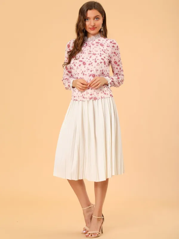 Lace Ruffled Neck Pleat Swiss Dots Floral Chiffon Blouse Top sold by Allegra K