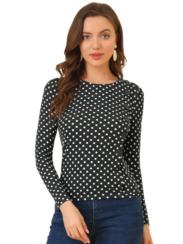 Causal Polka Dots Blouse Round Neck Puff Long Sleeve Tops sold by Allegra K