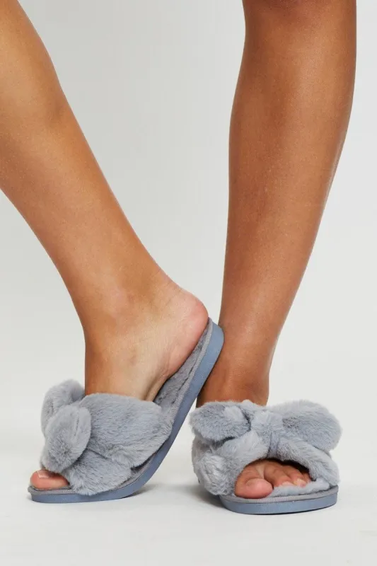 Blue Plush Faux Fur Bow Detail Slippers sold by Ally Fashion