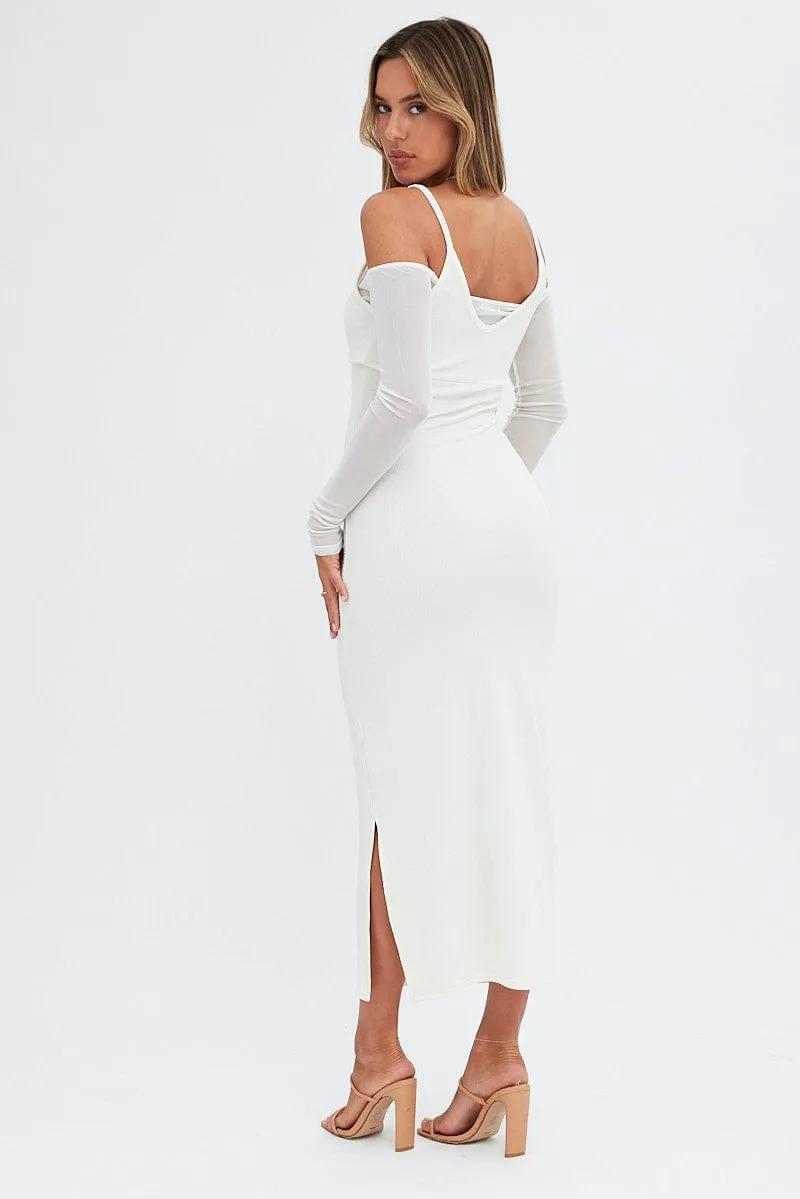White Maxi Dress Long Sleeve Cold Shoulder Mesh Textured sold by Ally Fashion product image thumbnail 5