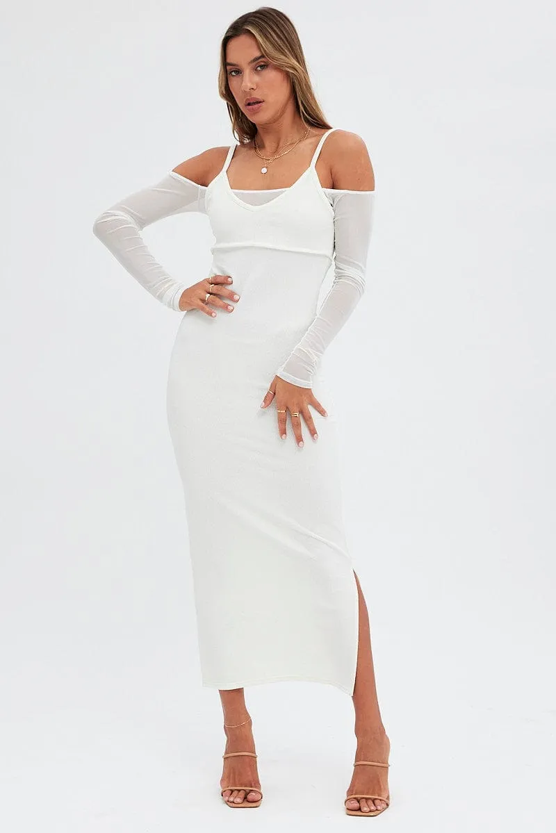 White Maxi Dress Long Sleeve Cold Shoulder Mesh Textured sold by Ally Fashion product image thumbnail 3