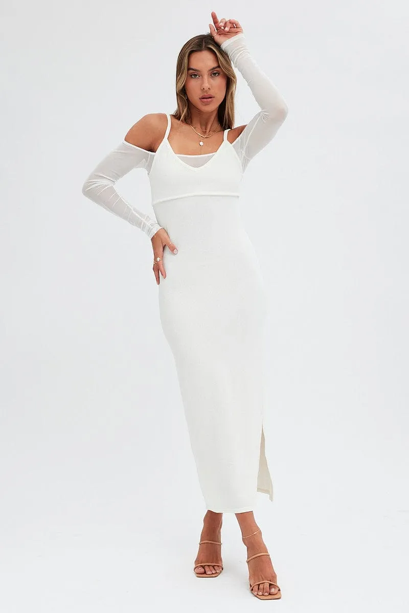 White Maxi Dress Long Sleeve Cold Shoulder Mesh Textured sold by Ally Fashion
