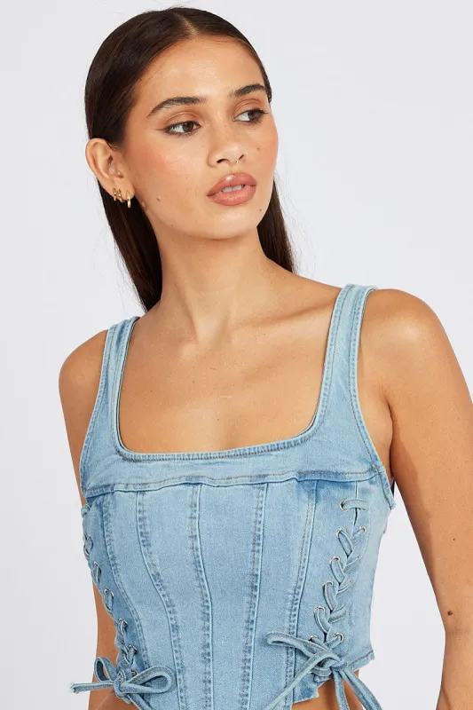 Denim Corset Sleeveless Scoop Neck Lace Up Stretch sold by Ally Fashion