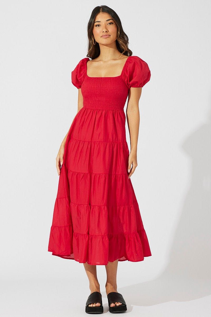 Red Maxi Dress Short Sleeve Shirred Tiered sold by Ally Fashion product image thumbnail 3