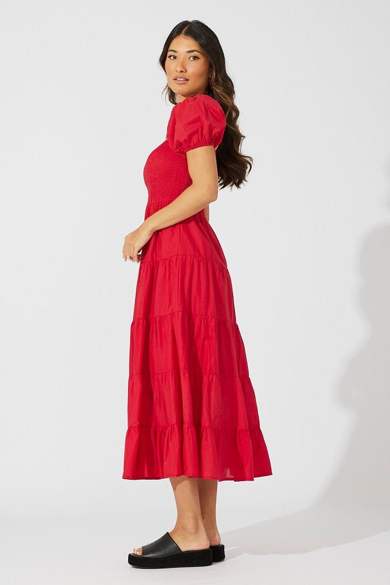 Red Maxi Dress Short Sleeve Shirred Tiered sold by Ally Fashion product image thumbnail 4