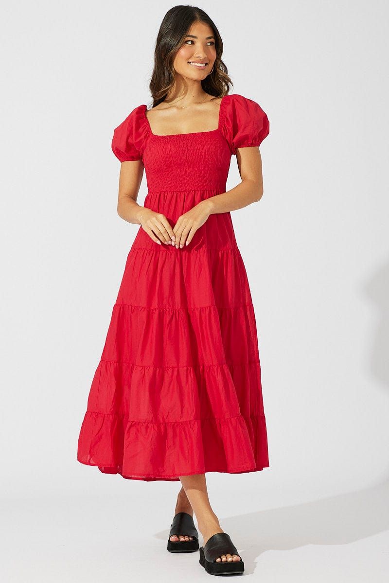 Red Maxi Dress Short Sleeve Shirred Tiered sold by Ally Fashion