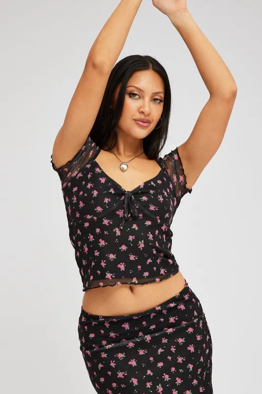 Black Ditsy Mesh Top Short Sleeve sold by Ally Fashion
