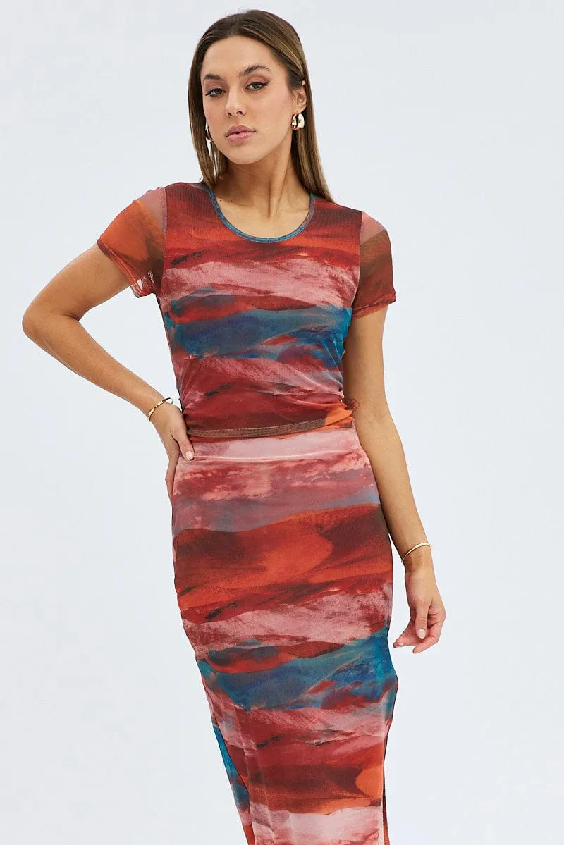 Brown Abstract Midi Dress Short Sleeve Bodycon Mesh sold by Ally Fashion product image thumbnail 2