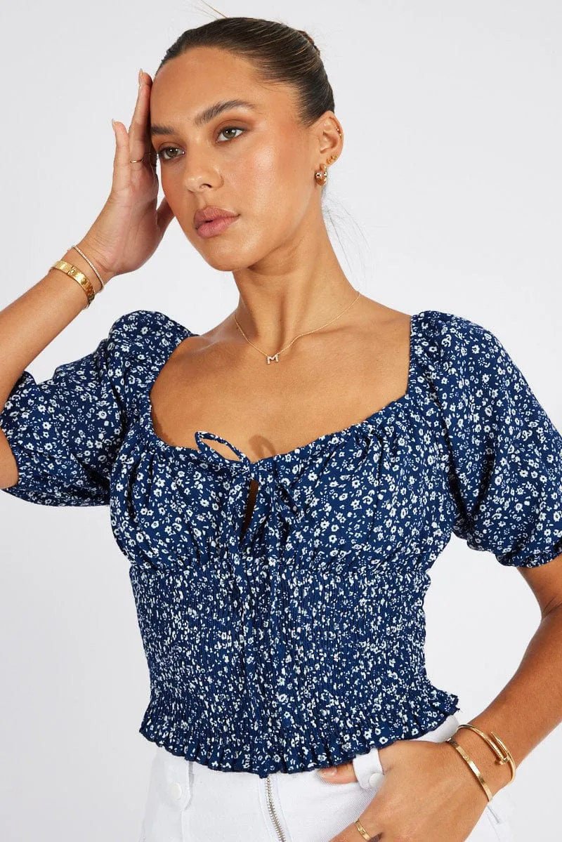 Blue Floral Crop Top Short Sleeve sold by Ally Fashion product image thumbnail 3