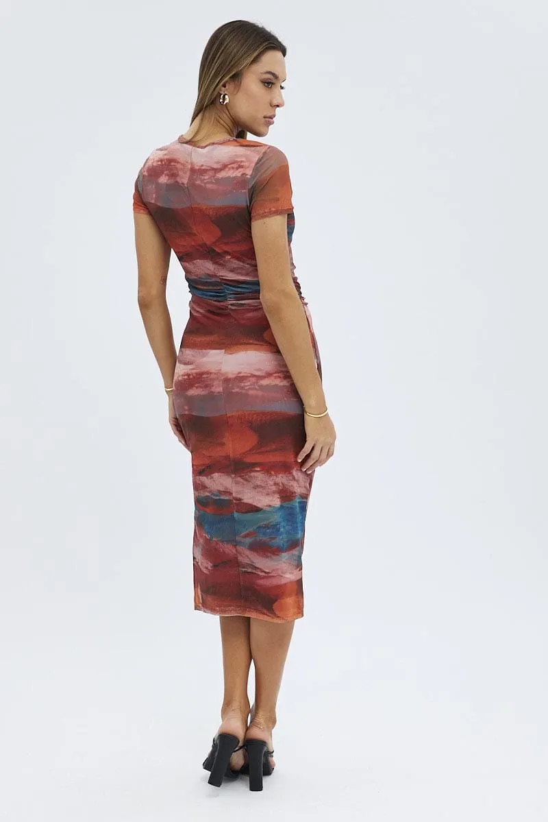 Brown Abstract Midi Dress Short Sleeve Bodycon Mesh sold by Ally Fashion product image thumbnail 5