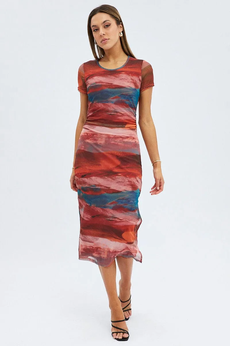 Brown Abstract Midi Dress Short Sleeve Bodycon Mesh sold by Ally Fashion product image thumbnail 3