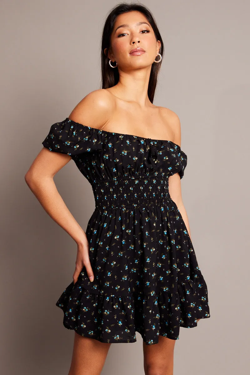 Black Ditsy Fit And Flare Dress Mini sold by Ally Fashion
