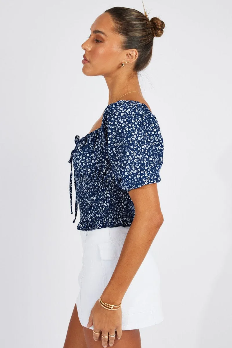 Blue Floral Crop Top Short Sleeve sold by Ally Fashion product image thumbnail 4