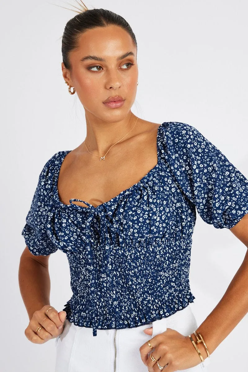 Blue Floral Crop Top Short Sleeve sold by Ally Fashion