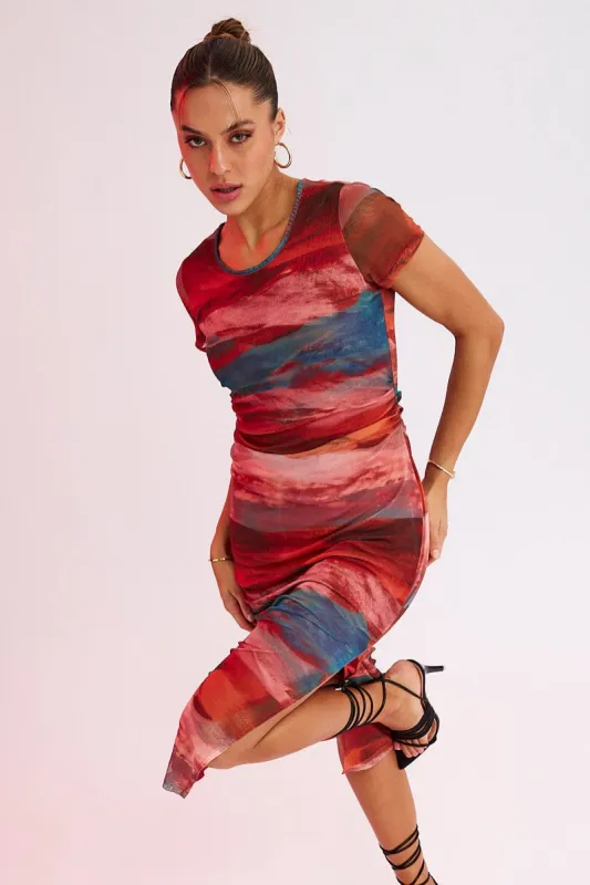 Brown Abstract Midi Dress Short Sleeve Bodycon Mesh sold by Ally Fashion