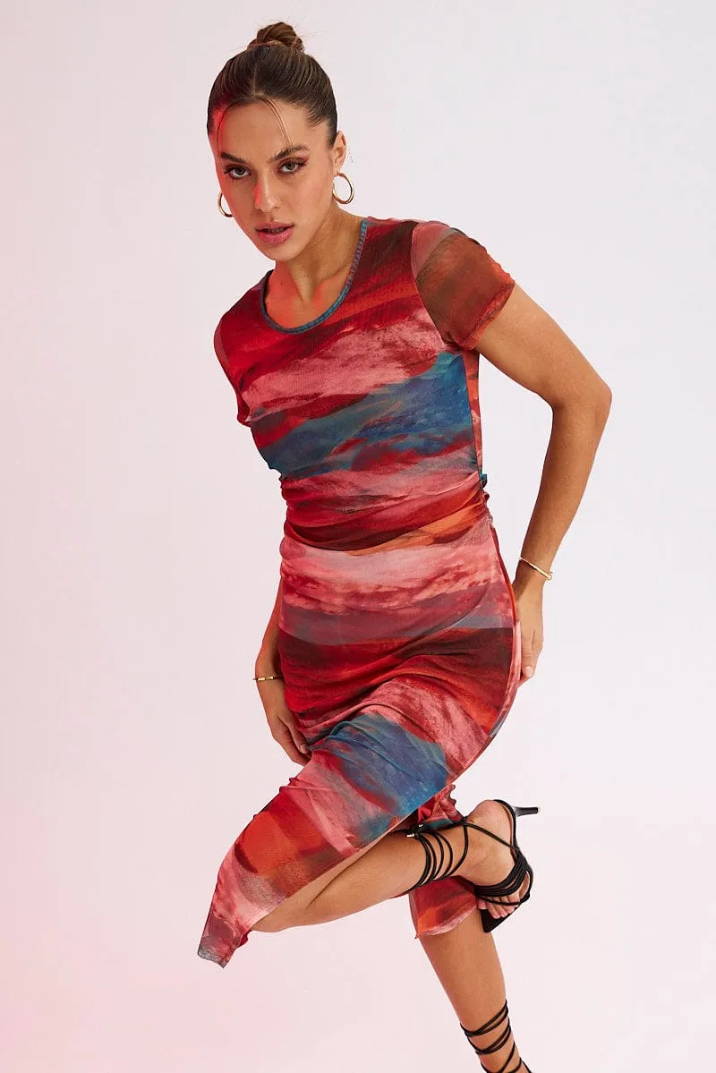 Brown Abstract Midi Dress Short Sleeve Bodycon Mesh sold by Ally Fashion