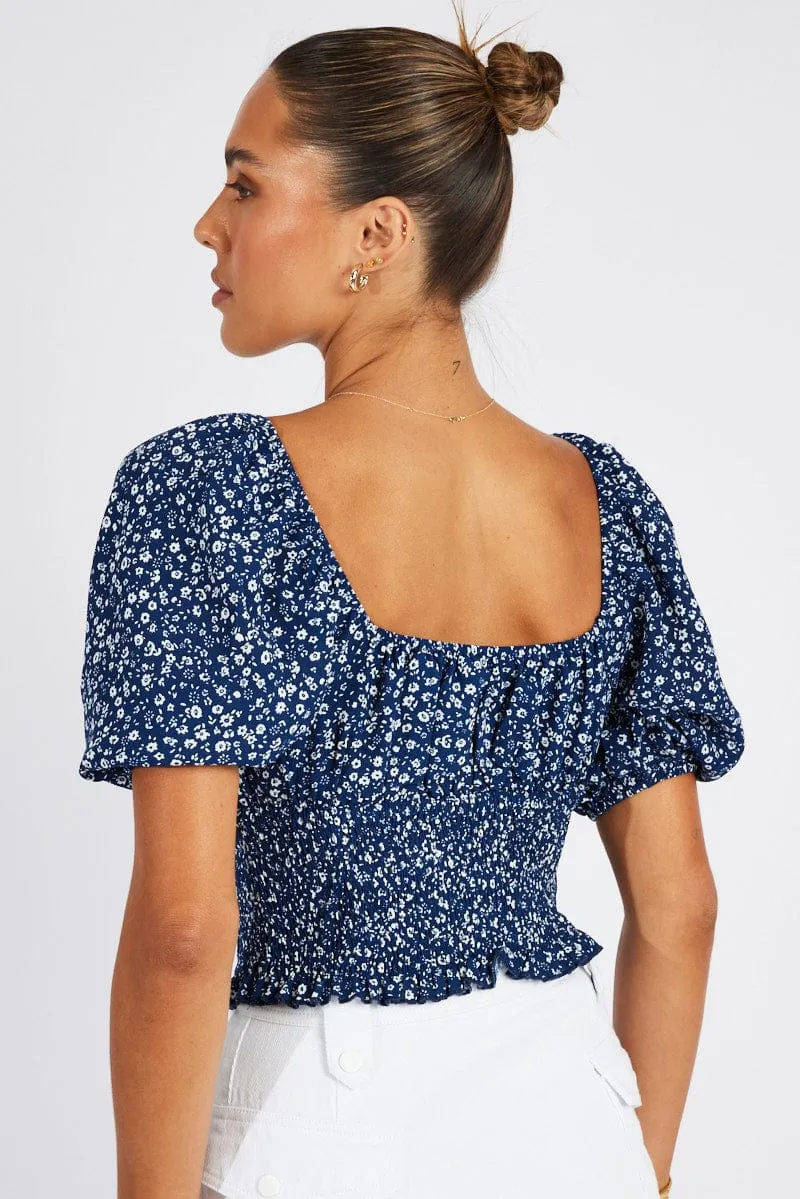 Blue Floral Crop Top Short Sleeve sold by Ally Fashion product image thumbnail 5
