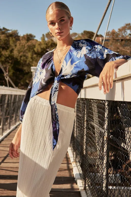 Blue Floral Bolero 3/4 Sleeve Tie Front Crop Satin sold by Ally Fashion